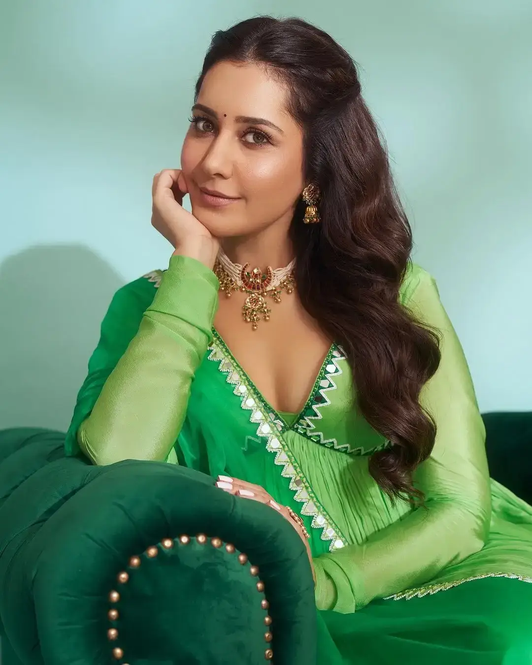 Indian Actress Raashi Khanna in Embroidered Green Dress